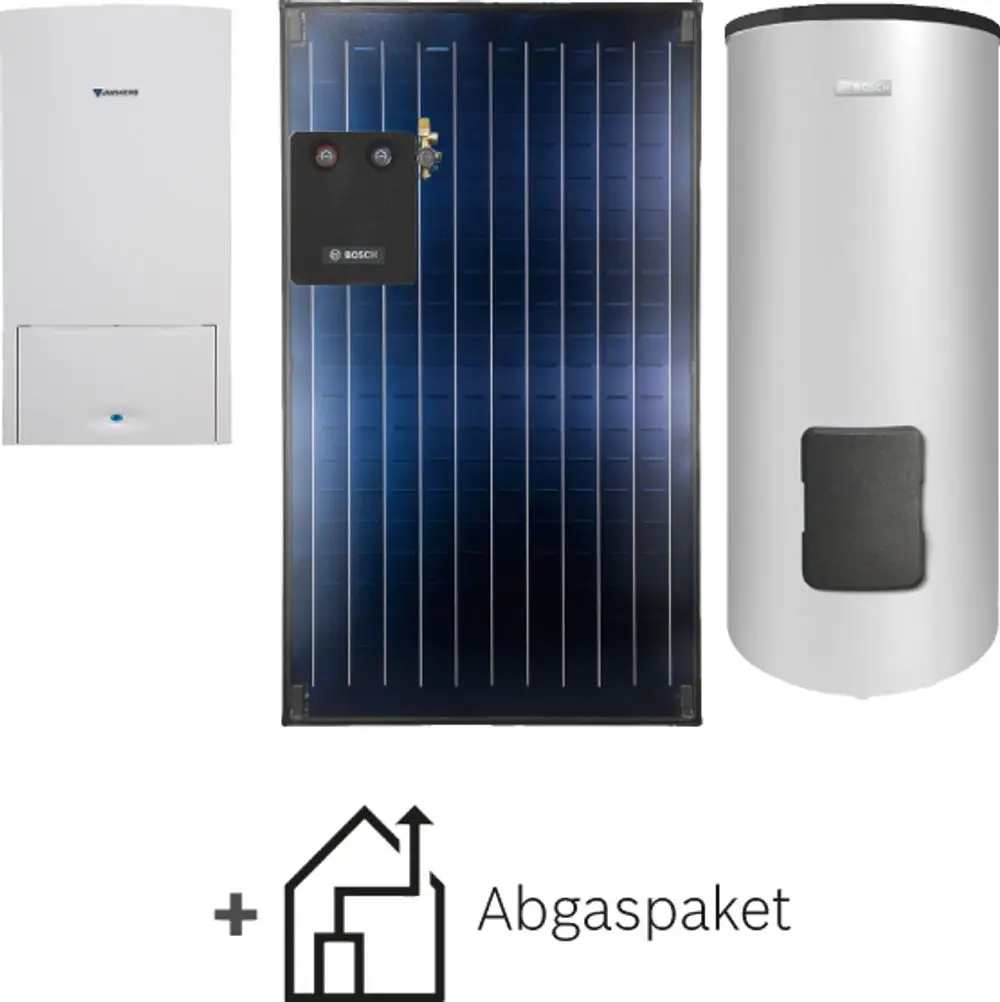 Bilder eines Heizsystems, bestehend aus einem weißen Gasboiler, einem Solarmodul mit Bosch-Komponenten und einem silbernen Warmwasserspeicher.